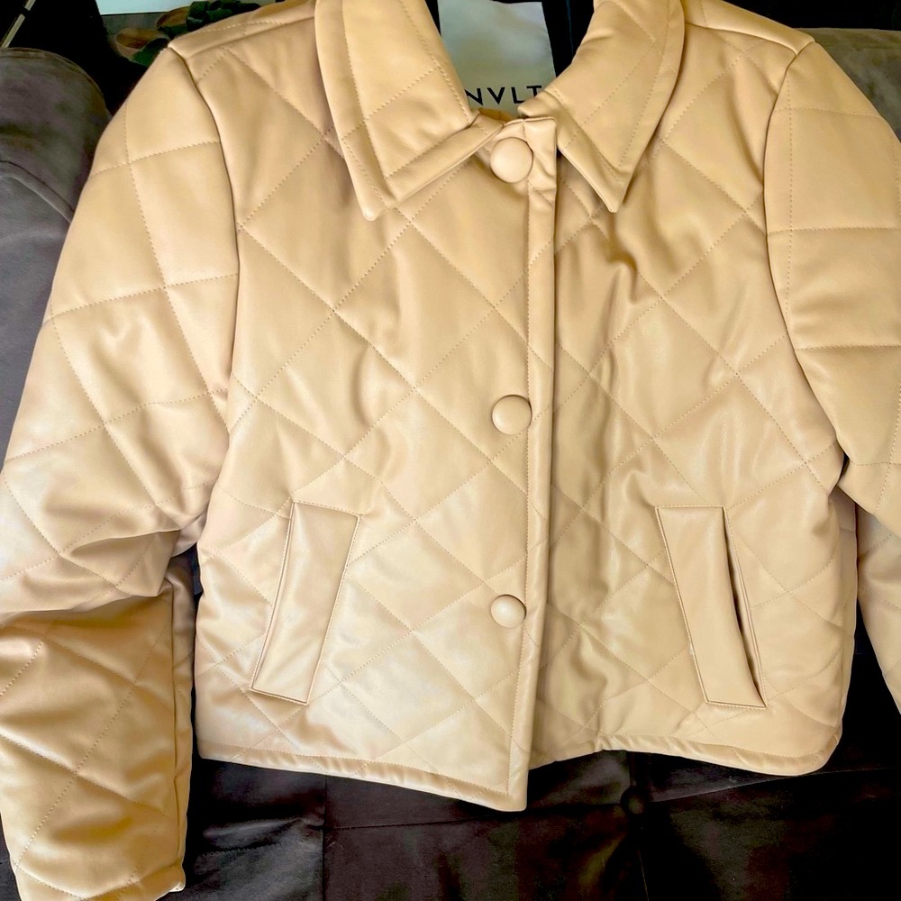NVLT Cropped Vegan Leather Quilted Jacket in Latte Size Small